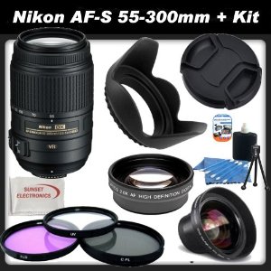 Nikon - 2197 - 55-300mm f/4.5-5.6G ED VR AF-S DX Nikkor Zoom Lens for Nikon Digital SLR + SSE Kit: Includes 0.45x Wide Angle Lens, 2x Telephoto Lens, 3 Piece Filter Kit (UV,CPL,FLD), Tulip Lens Hood, Lens Cap and more... 