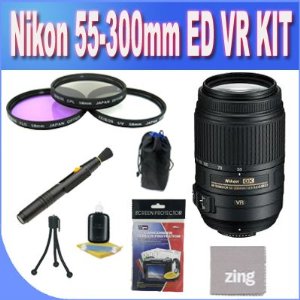 Nikon 55-300mm f/4.5-5.6G ED VR AF-S DX Nikkor Zoom Lens for Nikon Digital SLR + 3 Piece Filter Kit w/Case + Lens Pouch + Microfiber Cleaning Cloth + Lens Pen Cleaner + Accessory Saver Bundle! 