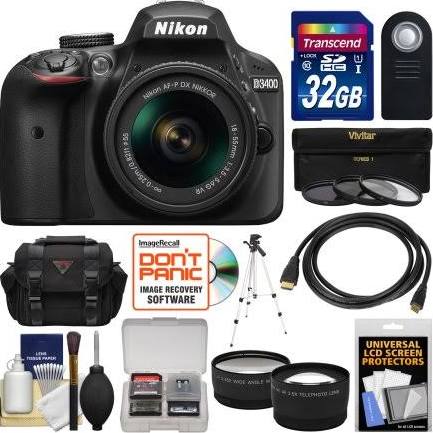 Nikon D3400 Digital SLR Camera & 18-55mm VR DX AF-P Zoom Lens (Black) with 32GB Card + Case + Tripod + Filters + Tele/Wide Lens Kit 9