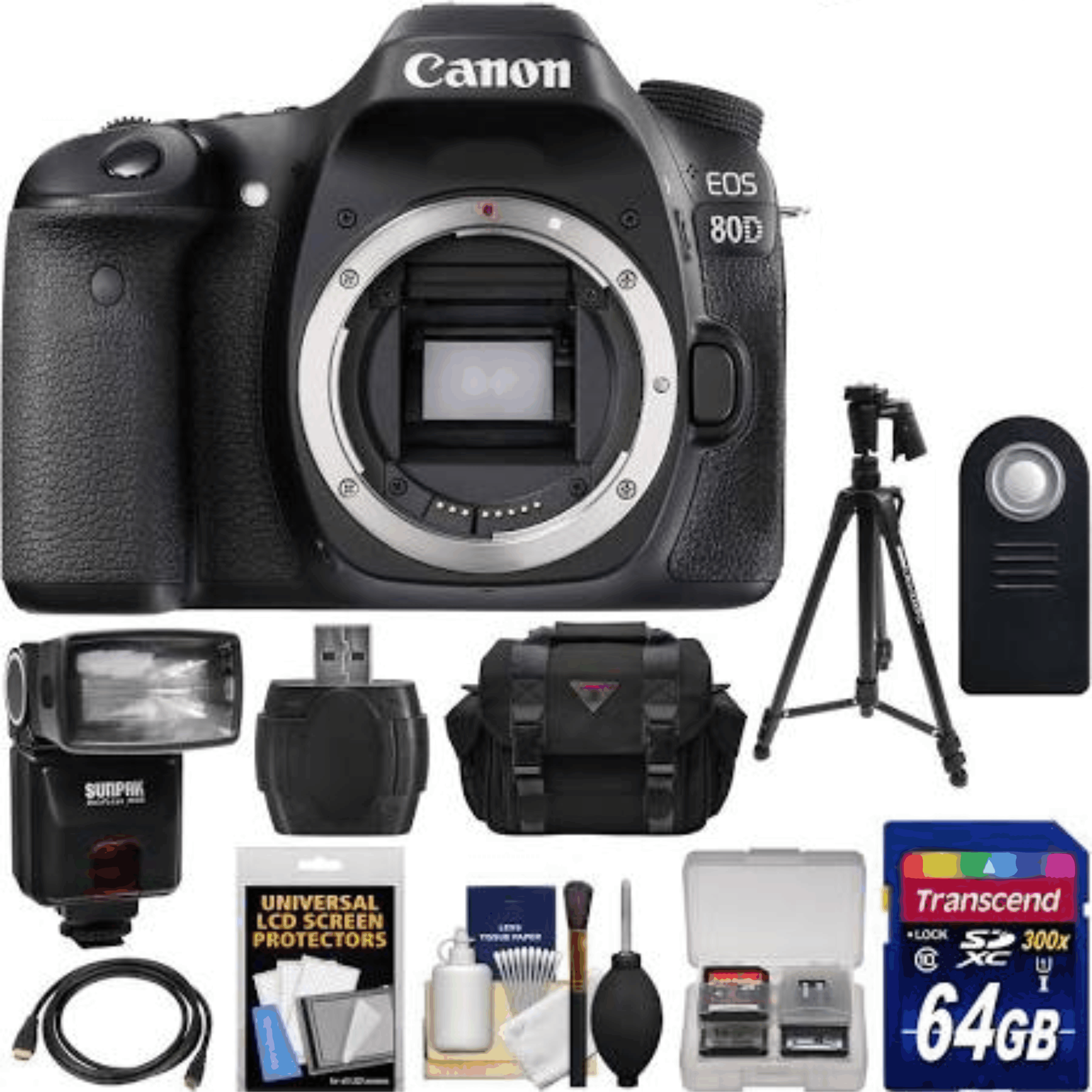 Canon EOS 80D Wi-Fi Digital SLR Camera Body with 64GB Card + Battery & Charger + Case + Flash + Tripod + Kit 17