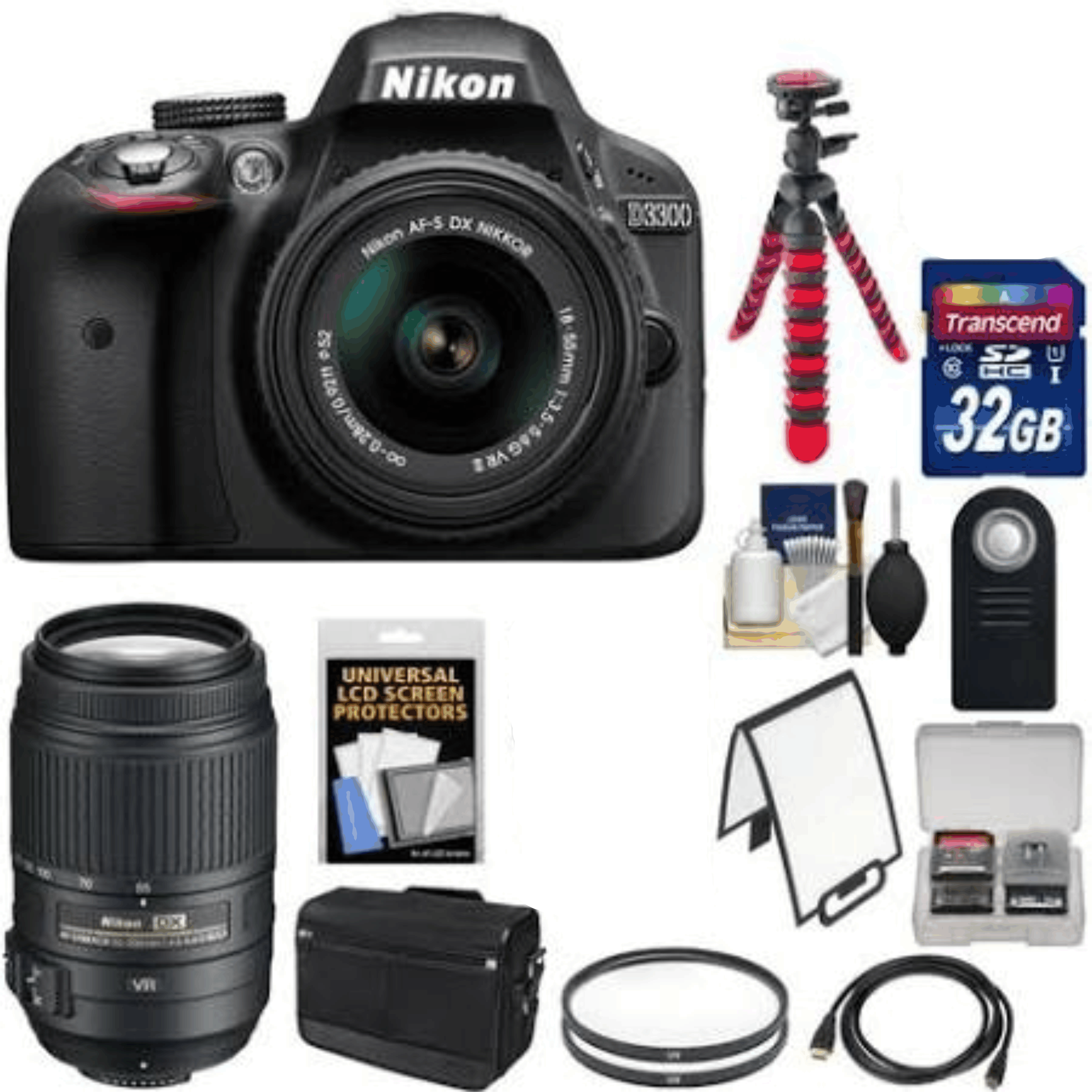 Nikon D3300 Digital SLR Camera & 18-55mm G VR DX II AF-S Zoom Lens (Black) with 55-300mm VR Lens + 32GB Card + Shoulder Bag + Tripod + Kit 33