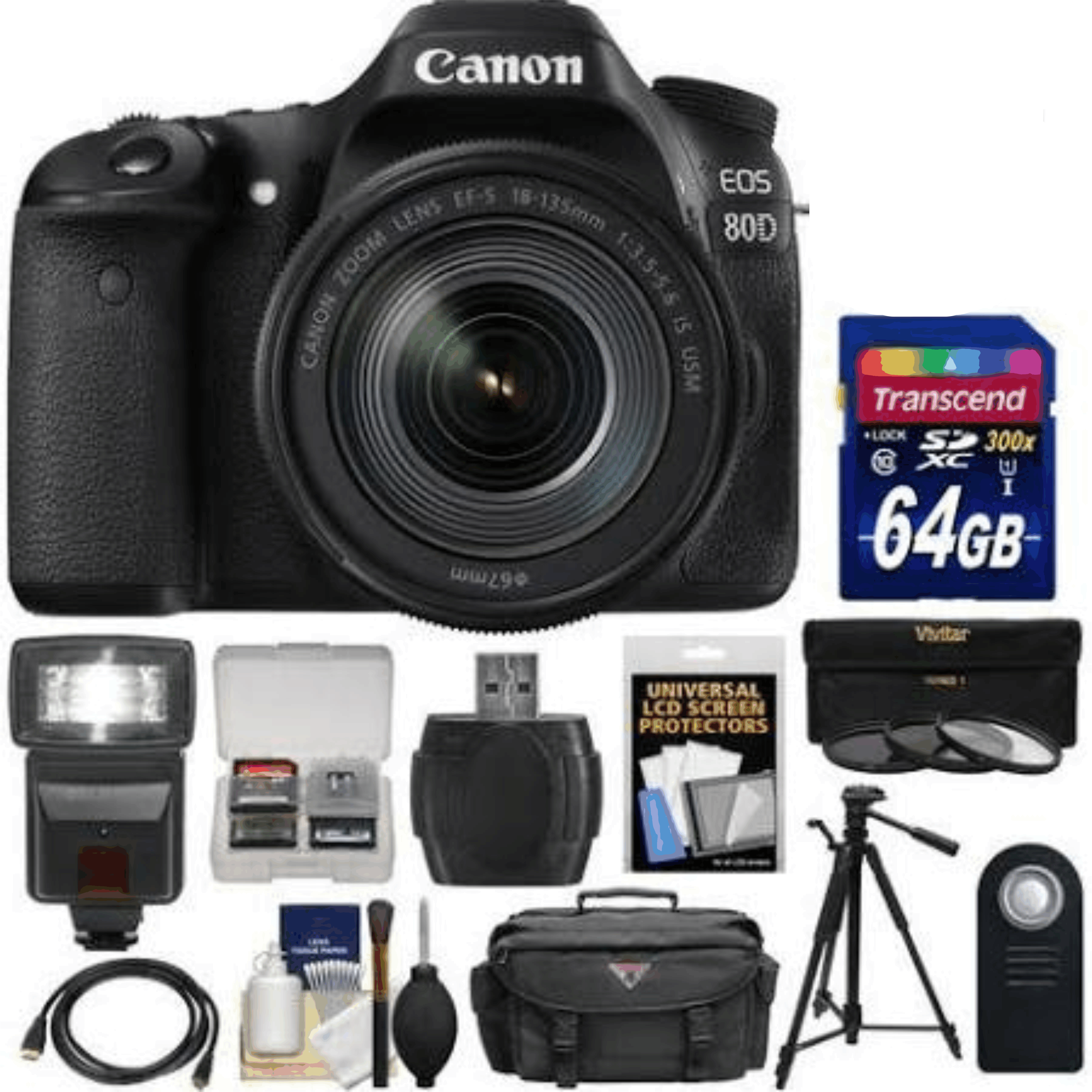 Canon EOS 80D Wi-Fi Digital SLR Camera & EF-S 18-135mm is USM Lens with 64GB Card + Case + Flash + Tripod + 3 Filters + Kit 41